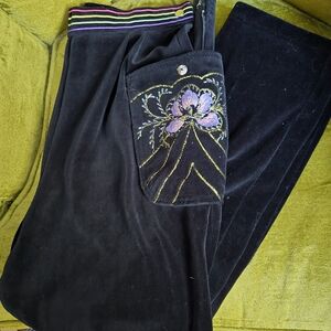 Black Velvet Pants with Embroidered Floral Design